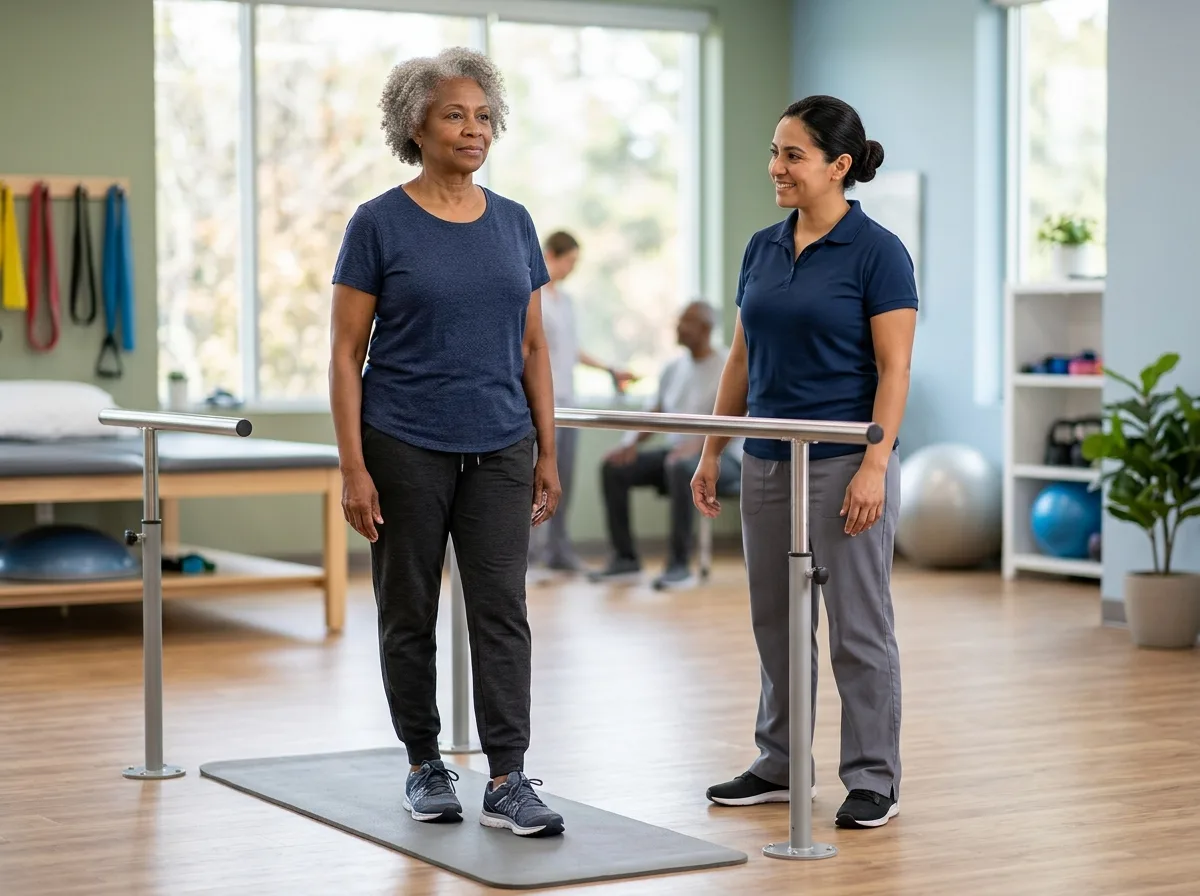 An older adult practises balance and stability training with a therapist close by for support.