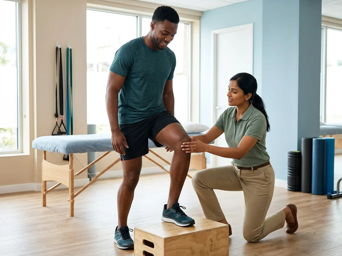 An active adult works through a guided strengthening exercise during sports injury rehabilitation.